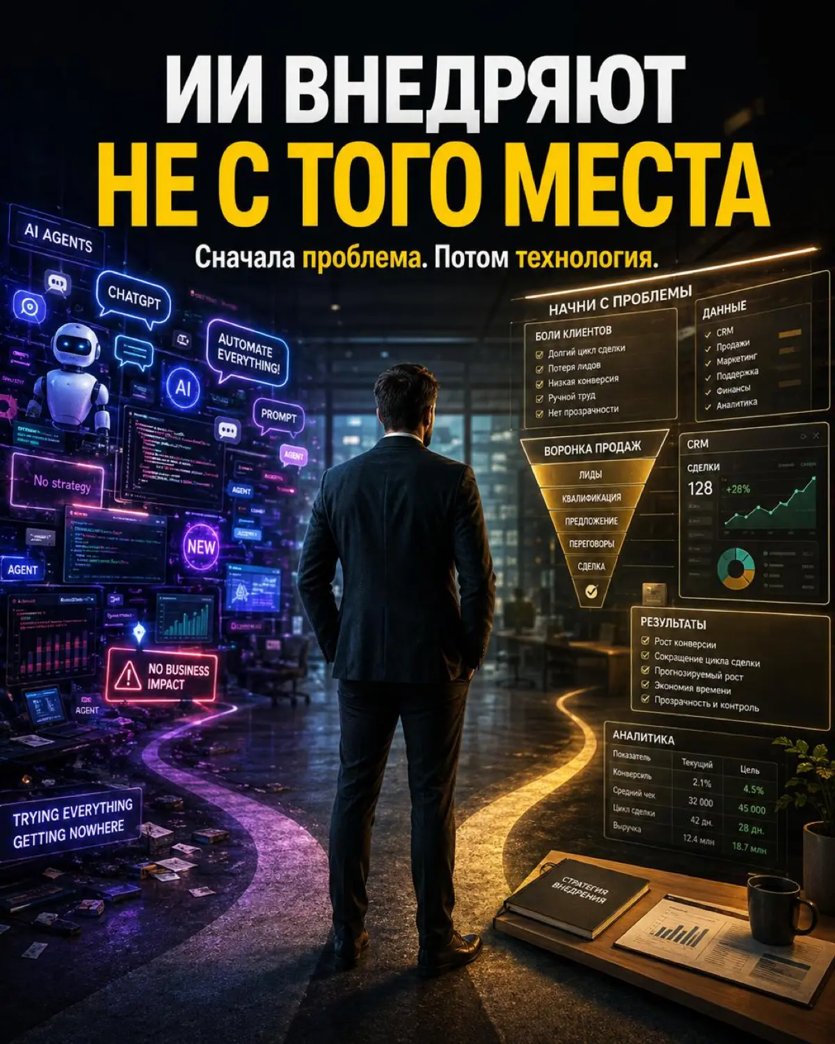 Большинство компаний начинают внедрять ИИ не с того места
Обычно все происходит примерно так.
Собственник видит новый ИИ-инструмент. Потом еще один | Сетка — социальная сеть от hh.ru