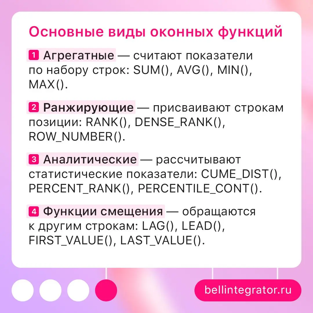 Разбираемся с оконными функциями в SQL ⚙️
Оконные функции помогают проводить сложные расчеты прямо в SQL, сохраняя исходные строки и их детализацию. Разбираемся, как они работают и какие виды бывают | Сетка — социальная сеть от hh.ru