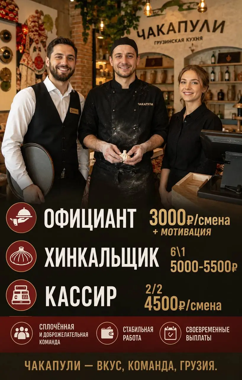 1️⃣ОФИЦИАНТ,
2️⃣ХИНКАЛЬЩИК,
3️⃣КАССИР
Чакапули
• Москва, м. Словянский бульвар, Кутузовский проспект 57, ТЦ | Сетка — социальная сеть от hh.ru