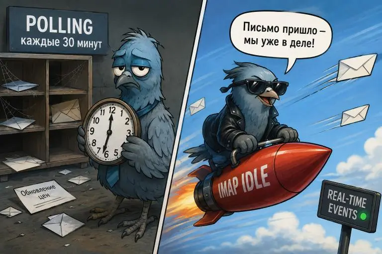 ‼️У меня вышла новая статья на Habr‼️
План был:
@Scheduled → IMAP IDLE → готово | Сетка — социальная сеть от hh.ru