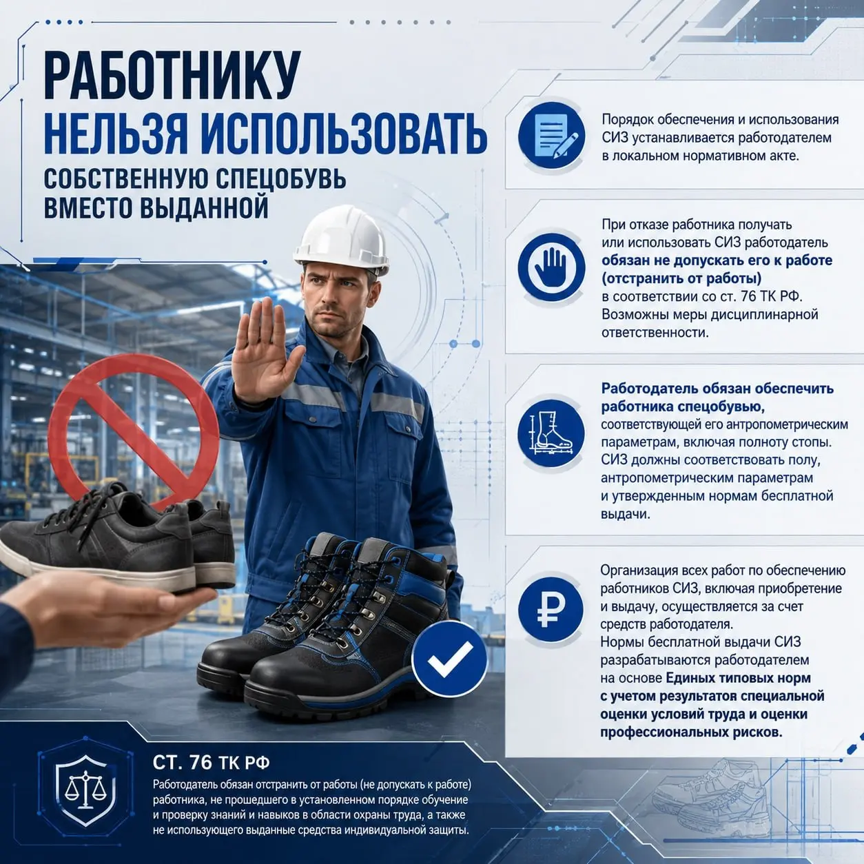 📱 Работнику нельзя использовать собственную спецобувь вместо выданной работодателем
Роструд на портале онлайнинспекция | Сетка — социальная сеть от hh.ru