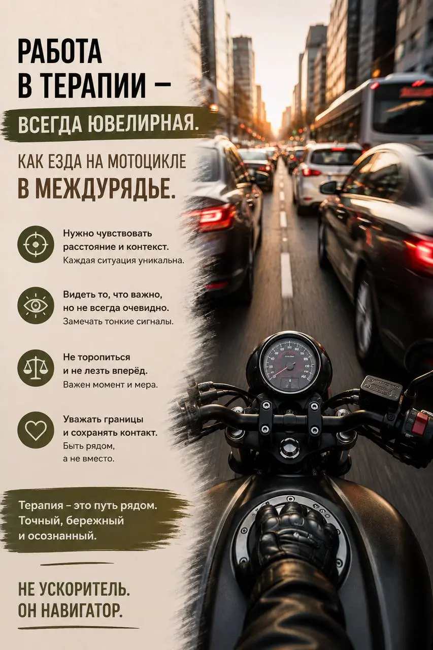 Работа в терапии — это ювелирная работа.
Уже писала о том, что осваиваю управление мотоциклом и вот такая метафора, терапевтическому процессу, появилась сегодня | Сетка — социальная сеть от hh.ru