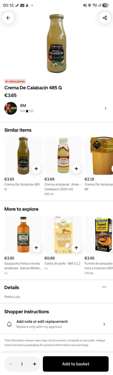 Стандартная карточка в Uber Eats, более 50% страницы занимают блоки рекомендаций, которые неплохо работают для меня. Но где энергетическая ценность, да даже черт с ним, состав или описание хотя бы | Сетка — социальная сеть от hh.ru