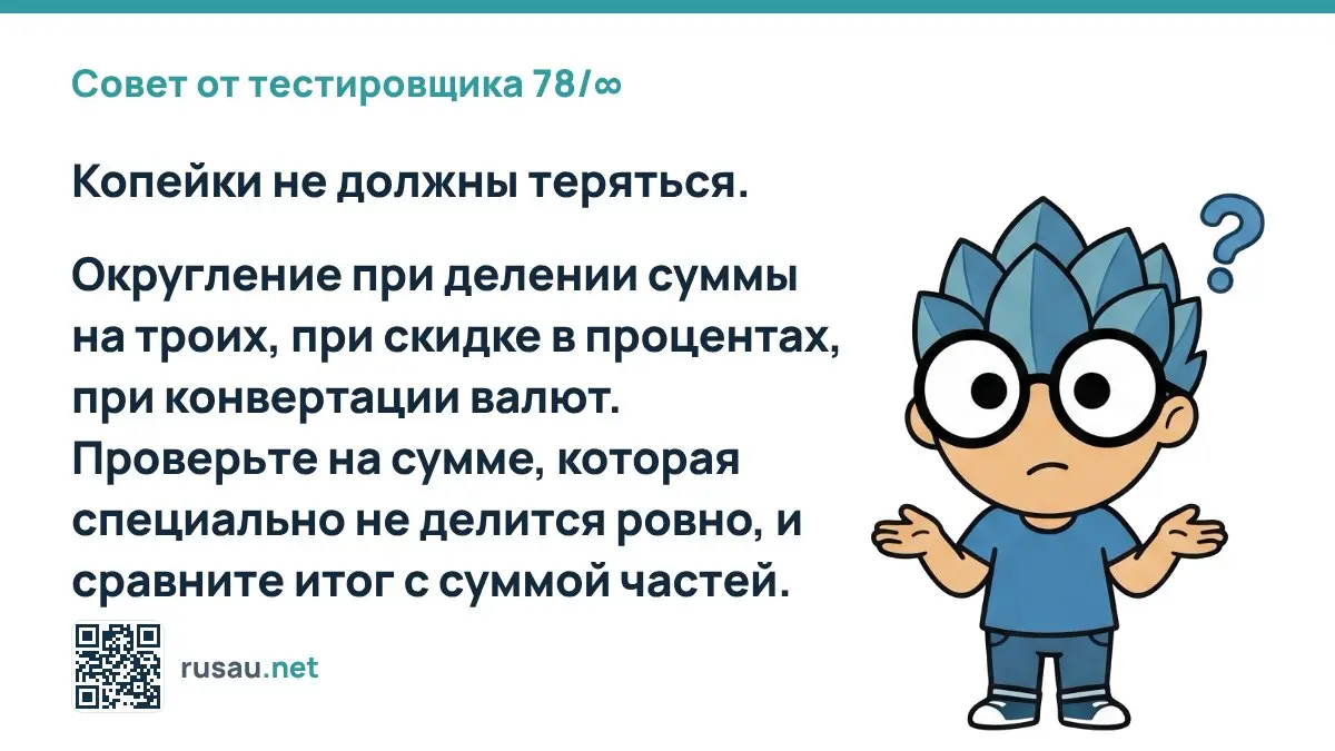 Совет от тестировщика 78/∞ : Копейки не должны теряться.
Округление при делении суммы на троих, при скидке в процентах, при конвертации валют | Сетка — социальная сеть от hh.ru