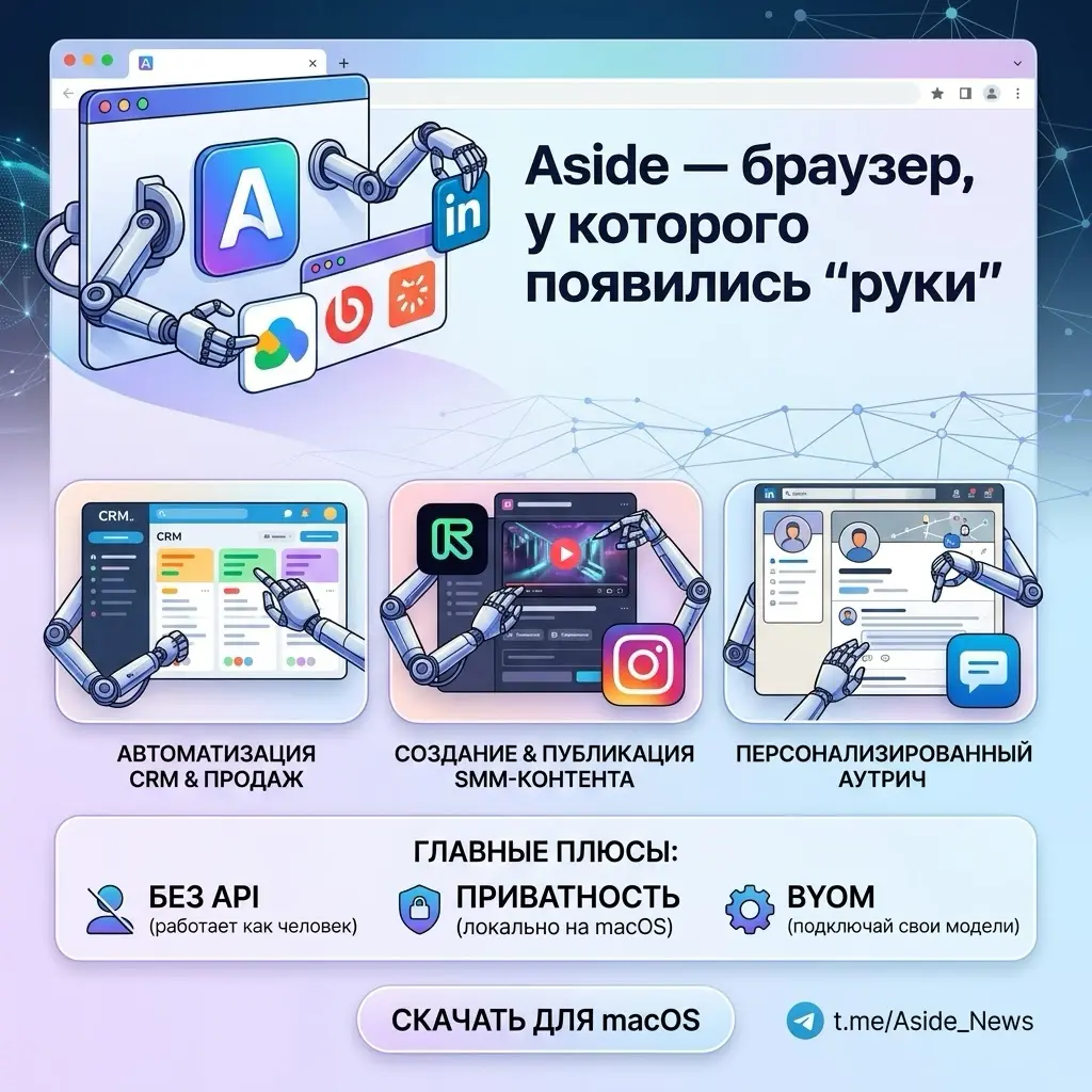🤖 Aside — браузер, у которого появились «руки»
На базе Y Combinator выстрелил новый AI-браузер Aside | Сетка — социальная сеть от hh.ru