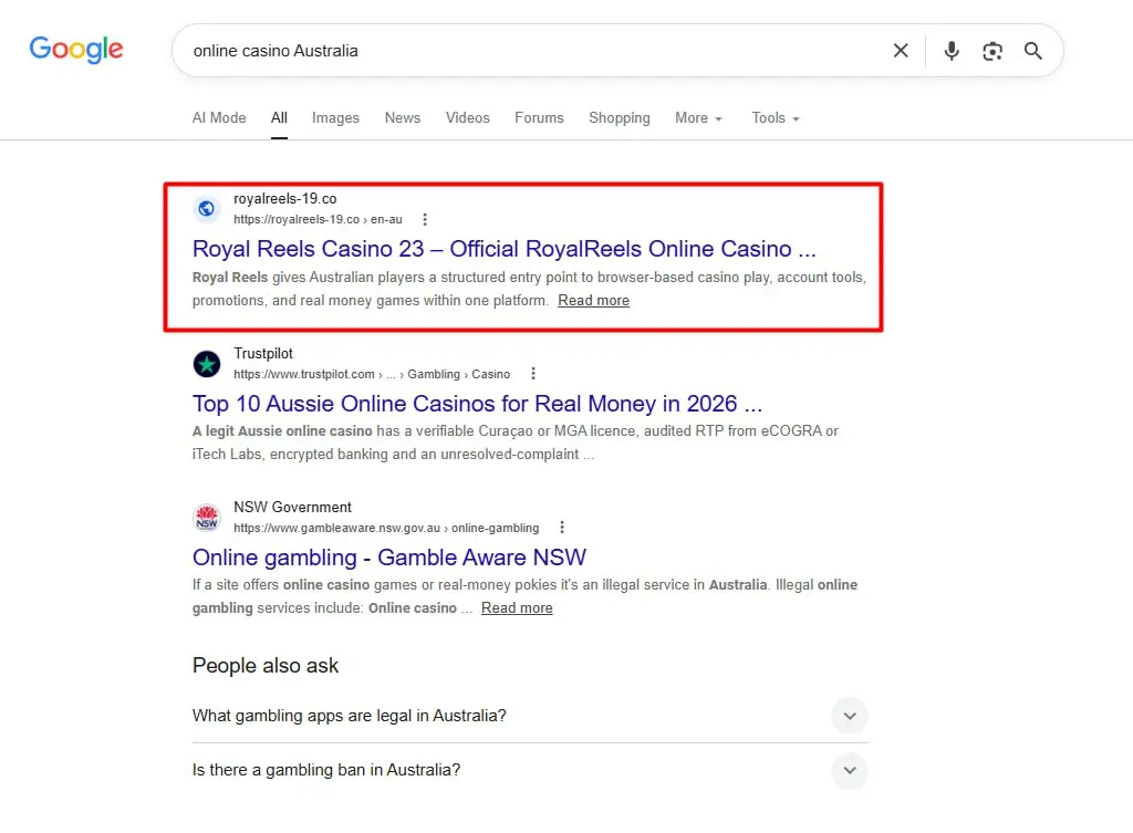 Верхнеуровневый R&D разбор ТОП-1 по запросу "online casino Australia"
Домен royalreels-19.co, который держит ТОП-1 по жирному ключу («online casino Australia») | Сетка — социальная сеть от hh.ru