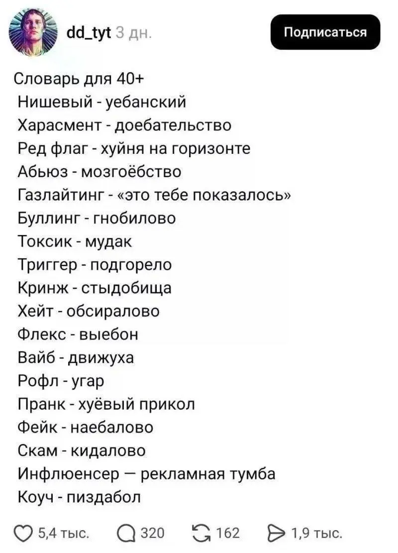 Держите словарь :)
tg / max
В этом посте были ссылки, но мы их удалили по правилам Сетки | Сетка — социальная сеть от hh.ru