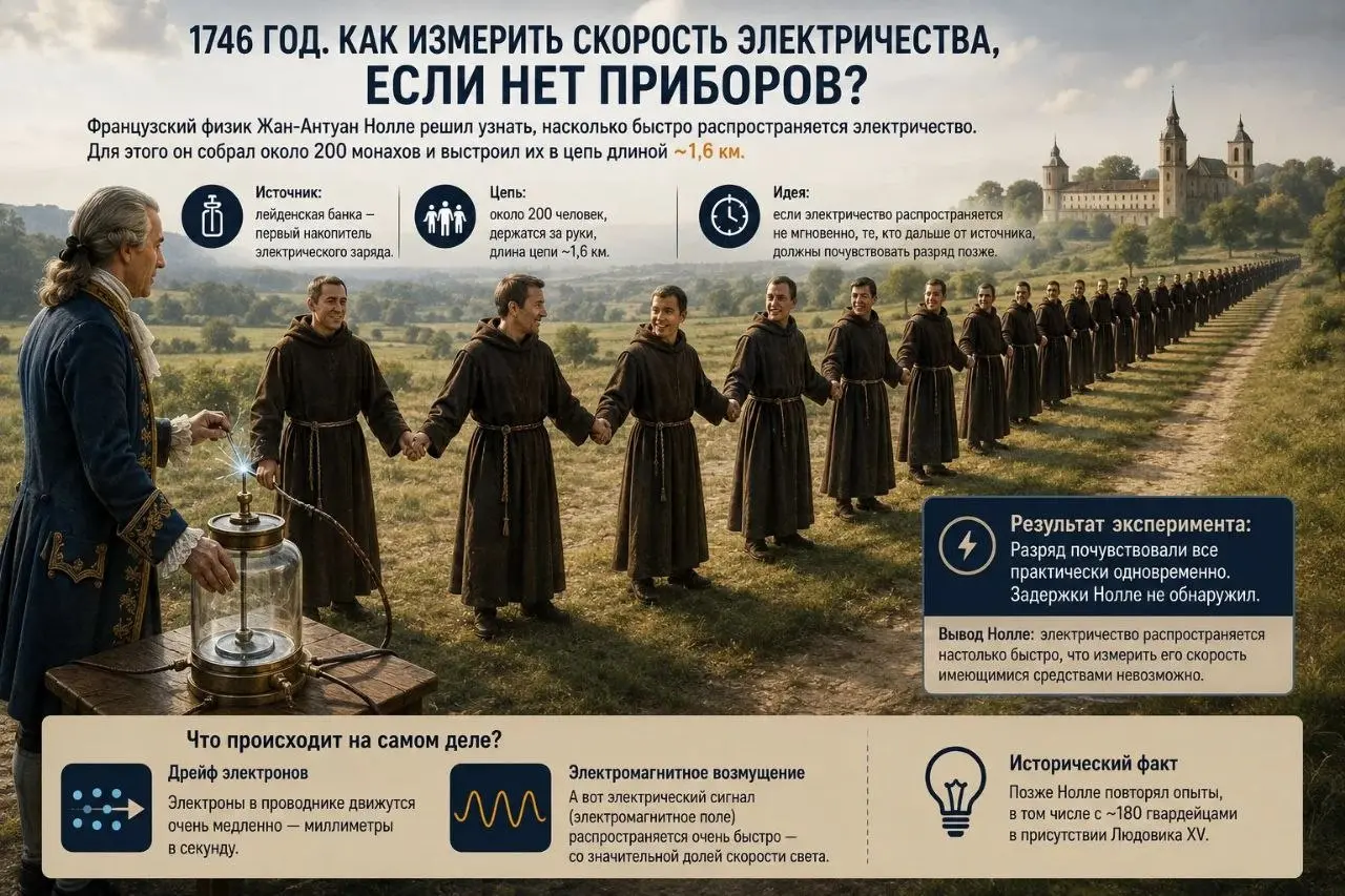 Как измерить скорость электричества, если у тебя нет приборов?
1746 год. Французский физик Жан-Антуан Нолле хочет понять, насколько быстро распространяется электричество | Сетка — социальная сеть от hh.ru