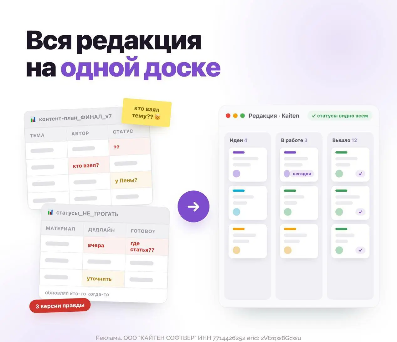 На что заменить Notion?
В 2024 году Notion закрыл доступ командам из России. Многие до сих пор мучаются с VPN и постоянно вводят логин-пароль.
Наши сделали Кайтен | Сетка — социальная сеть от hh.ru