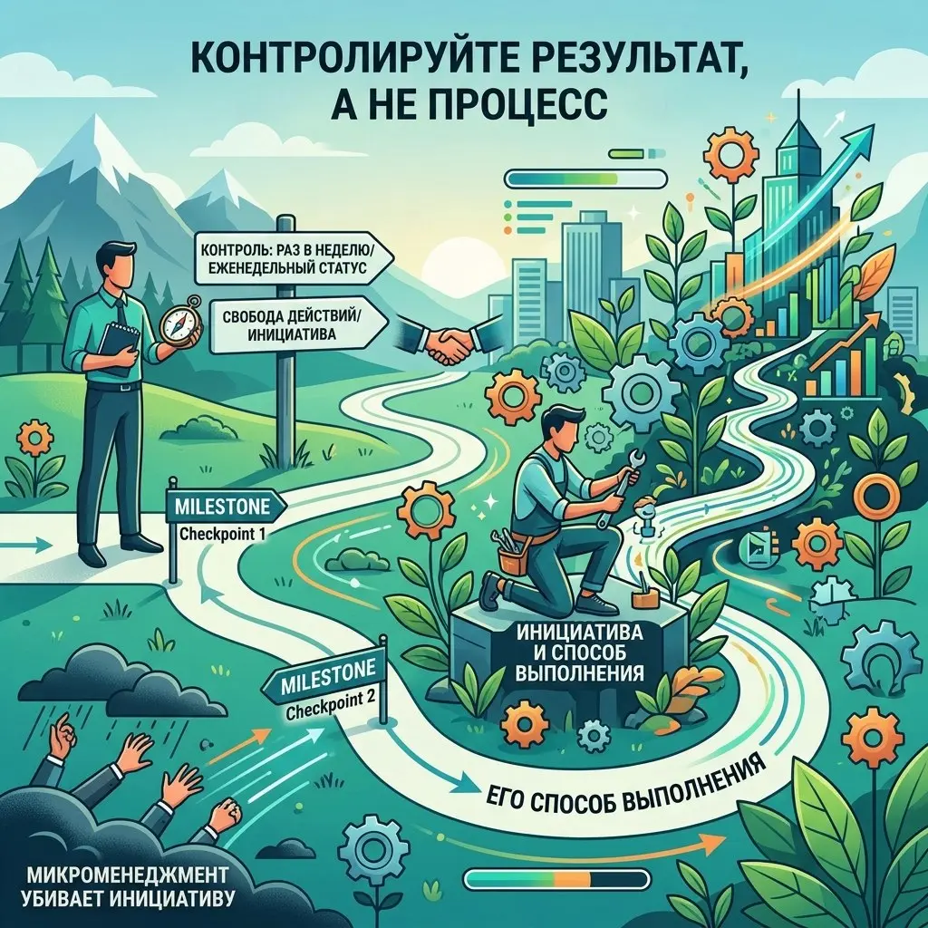 Хватит включать мамочку и тратить время.
Контролируйте результат, а не процесс.
Микроменеджмент убивает инициативу. Договоритесь о контрольных точках: раз в неделю короткий отчёт о статусе | Сетка — социальная сеть от hh.ru