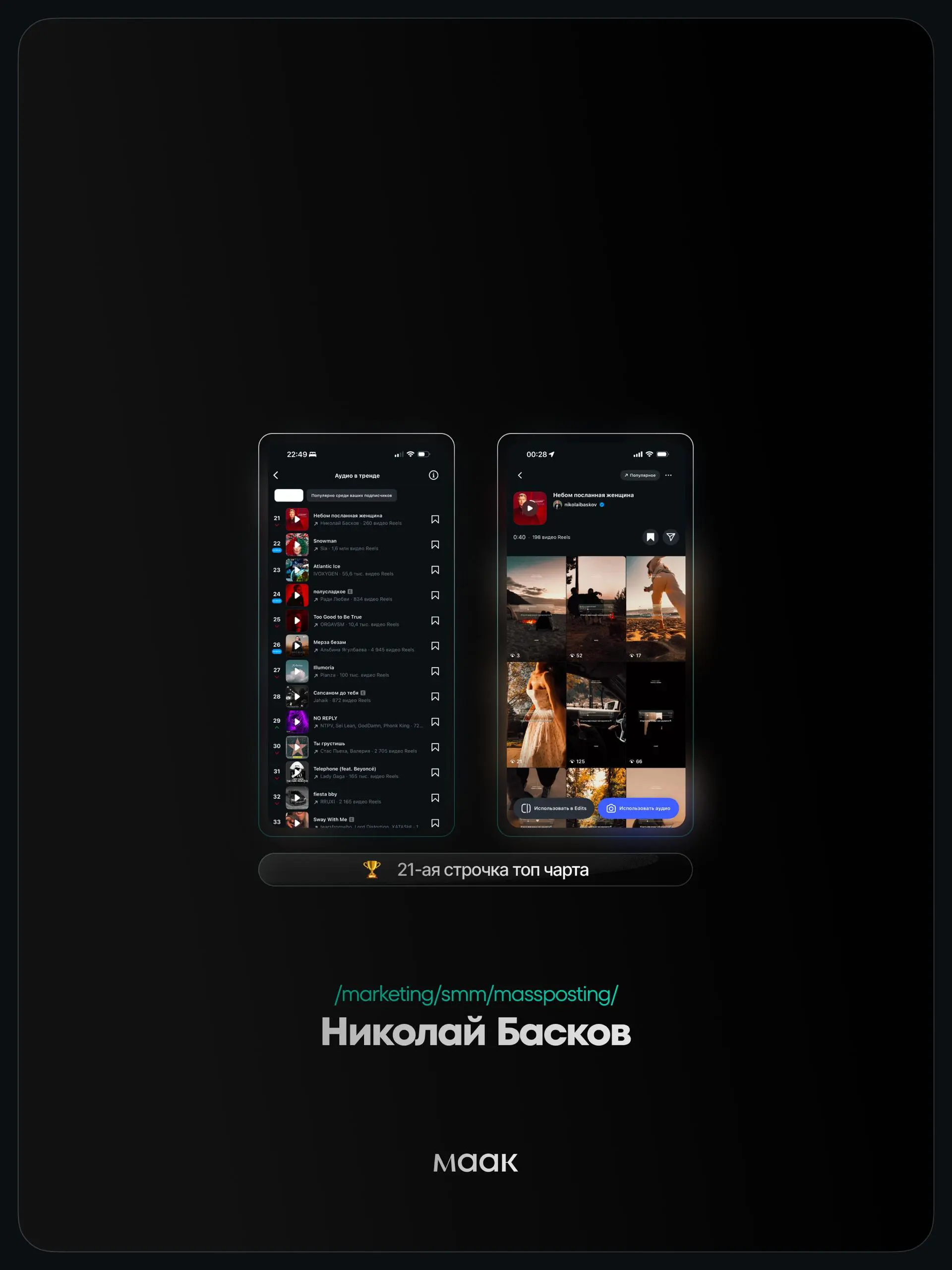 ⚡️#case — Продвижение звука (массовый постинг)
❤️ Для кого?
Николай Басков
🔼 Что было сделано?
Массовое размещение видео-контента под официальный звук
⭐️ Итог:
Россия — 21-ая строчка топ чарта
⭐️ Масс... | Сетка — социальная сеть от hh.ru
