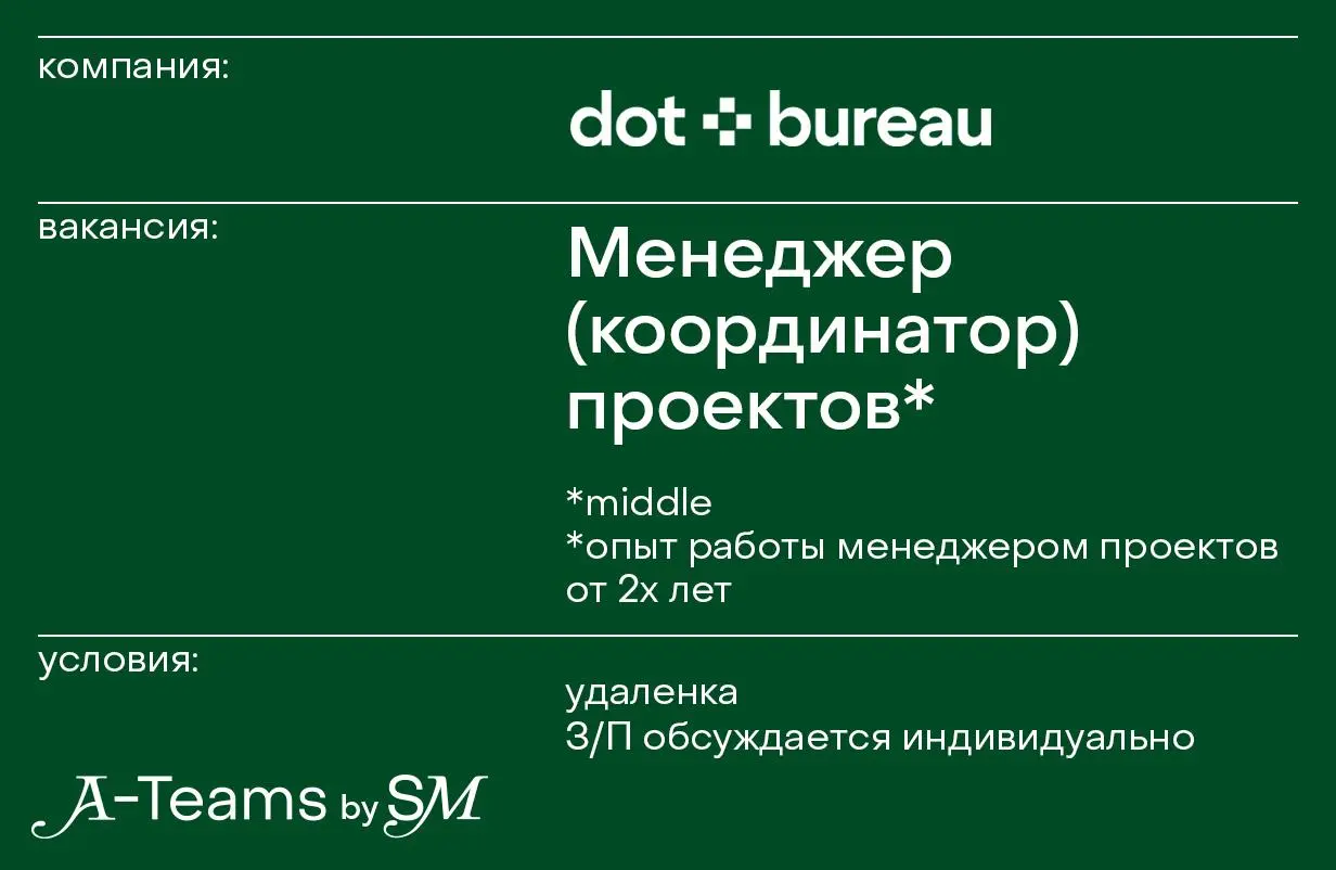 Менеджер (координатор) проектов в dot.bureau
Удаленка, З/П обсуждается индивидуально
dot | Сетка — социальная сеть от hh.ru