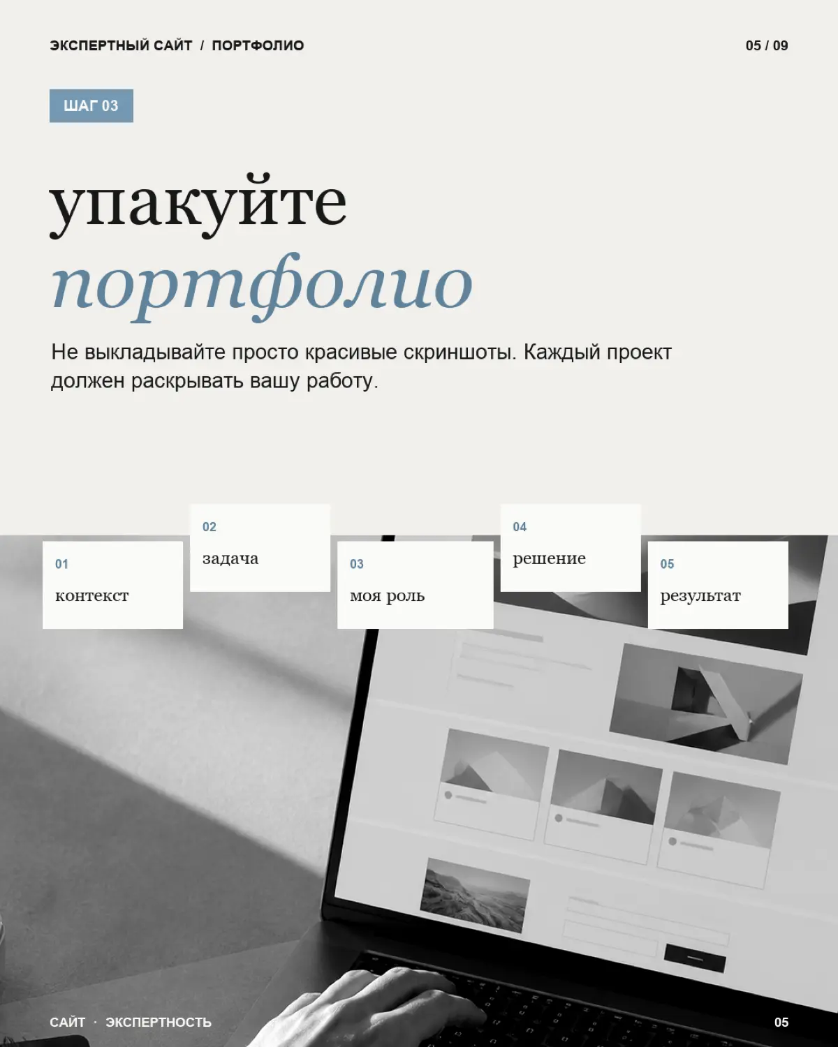 Экспертный сайт — это место, где потенциальный клиент за несколько минут должен понять: кто вы, чем можете ему помочь, почему вам можно доверять и что делать дальше
Поэтому хороший сайт-портфолио начи... | Сетка — социальная сеть от hh.ru