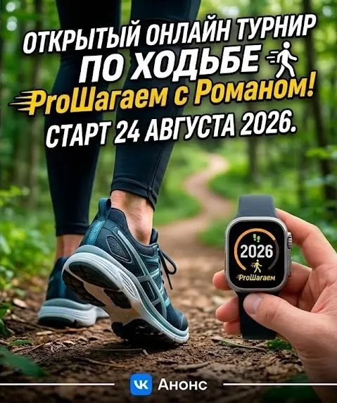 Друзья!!! Приглашаем вас принять участие в новом турнире!
24 августа стартует открытый онлайн-турнир по ходьбе «ProШагаем с Романом!»
⏰ Старт: 24 августа
🏁 Финиш: 6 сентября
14 дней, чтобы набрать как... | Сетка — социальная сеть от hh.ru