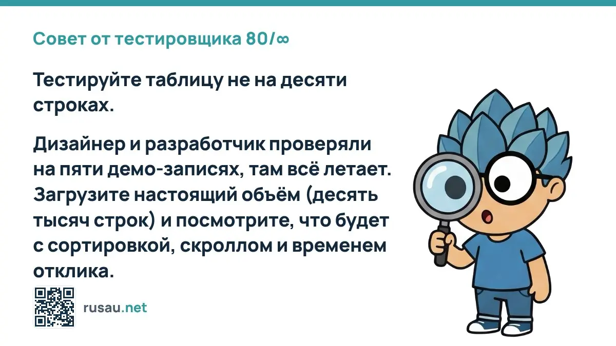 Совет от тестировщика 80/∞ : Тестируйте таблицу не на десяти строках.
Дизайнер и разработчик проверяли на пяти демо-записях, там всё летает | Сетка — социальная сеть от hh.ru