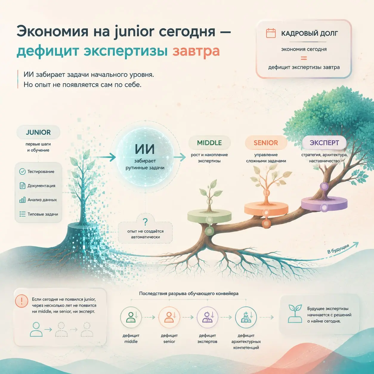 Экономия на junior сегодня — дефицит экспертизы завтра
ИИ всё чаще забирает на себя задачи, которые раньше отдавали начинающим специалистам | Сетка — социальная сеть от hh.ru