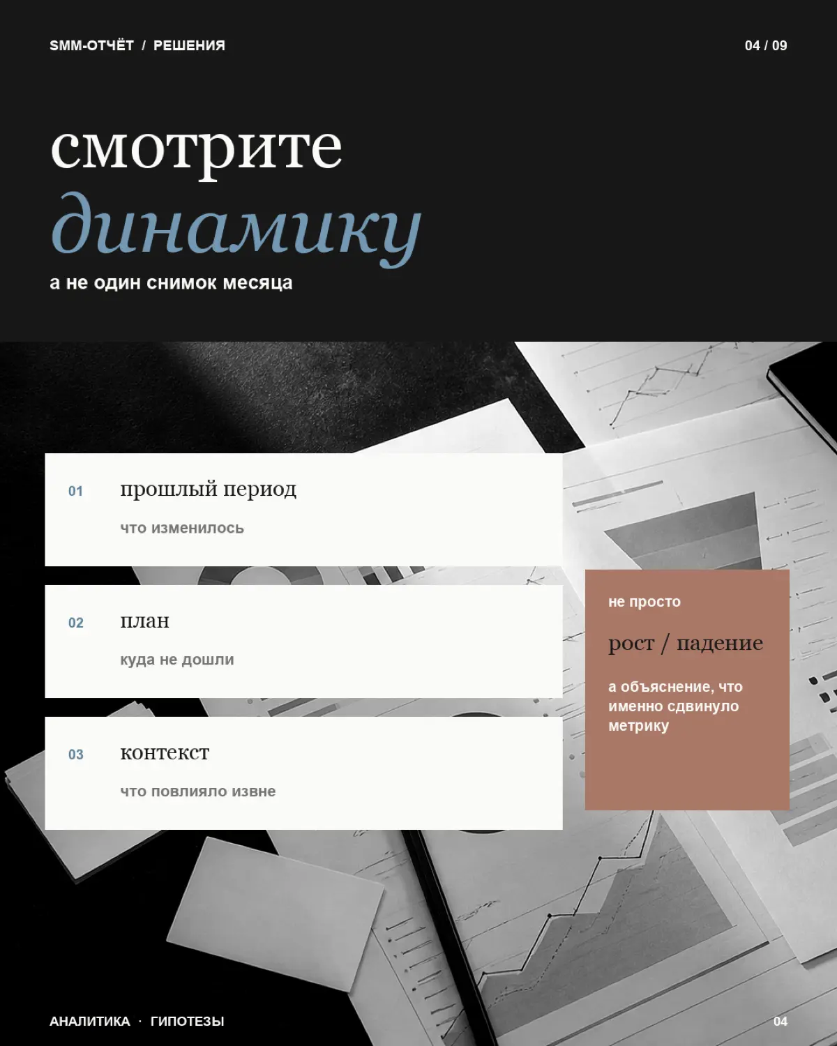 Ежемесячный SMM-отчет — это не список цифр, который клиент открывает один раз и больше никогда к нему не возвращается.
Охваты выросли.
Подписчиков стало больше.
Вовлечённость немного снизилась | Сетка — социальная сеть от hh.ru