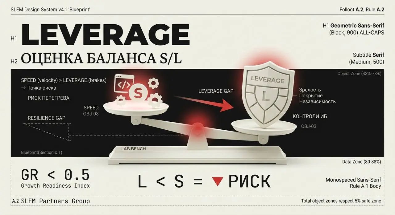 L — LEVERAGE: ПРОВЕРЯЕМ, ДЕРЖАТ ЛИ ВАШИ РЫЧАГИ НАГРУЗКУ РОСТА
В SLEM-5 LEVERAGE
измеряет не наличие контролей, а их
зрелость × покрытие × независимость | Сетка — социальная сеть от hh.ru