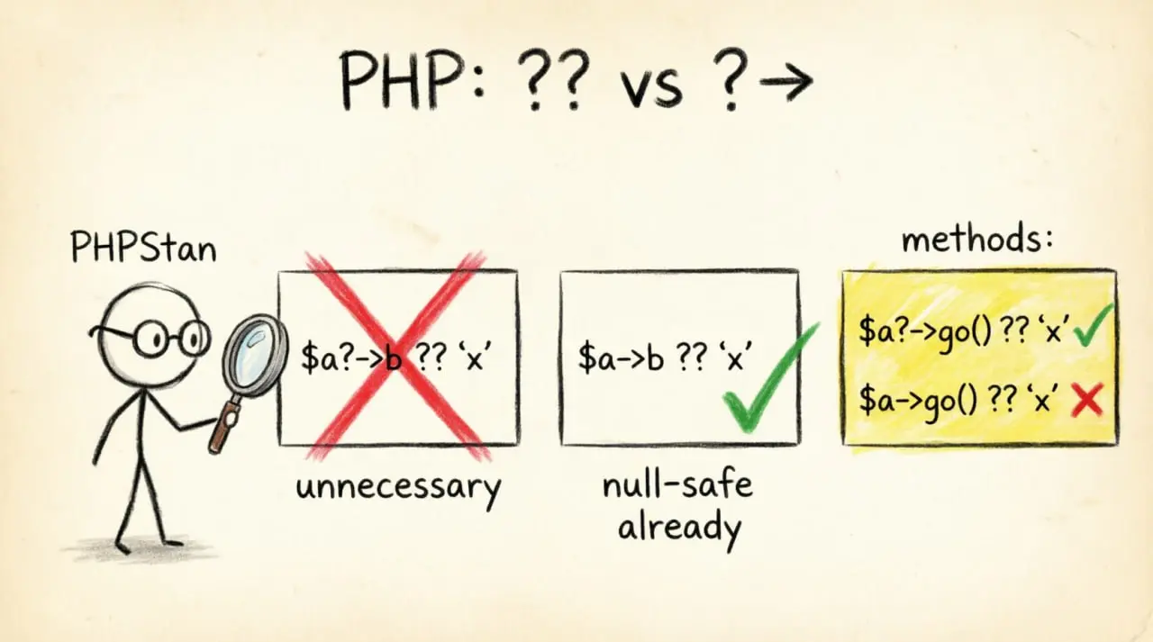 Докопался тут до меня phpstan.
Ошибка:
Using nullsafe property access "?->value" on left side of ?? is unnecessary. Use -> instead.
ОКАЗЫВАЕТСЯ в php ?? тоже достаточно null-safe | Сетка — социальная сеть от hh.ru