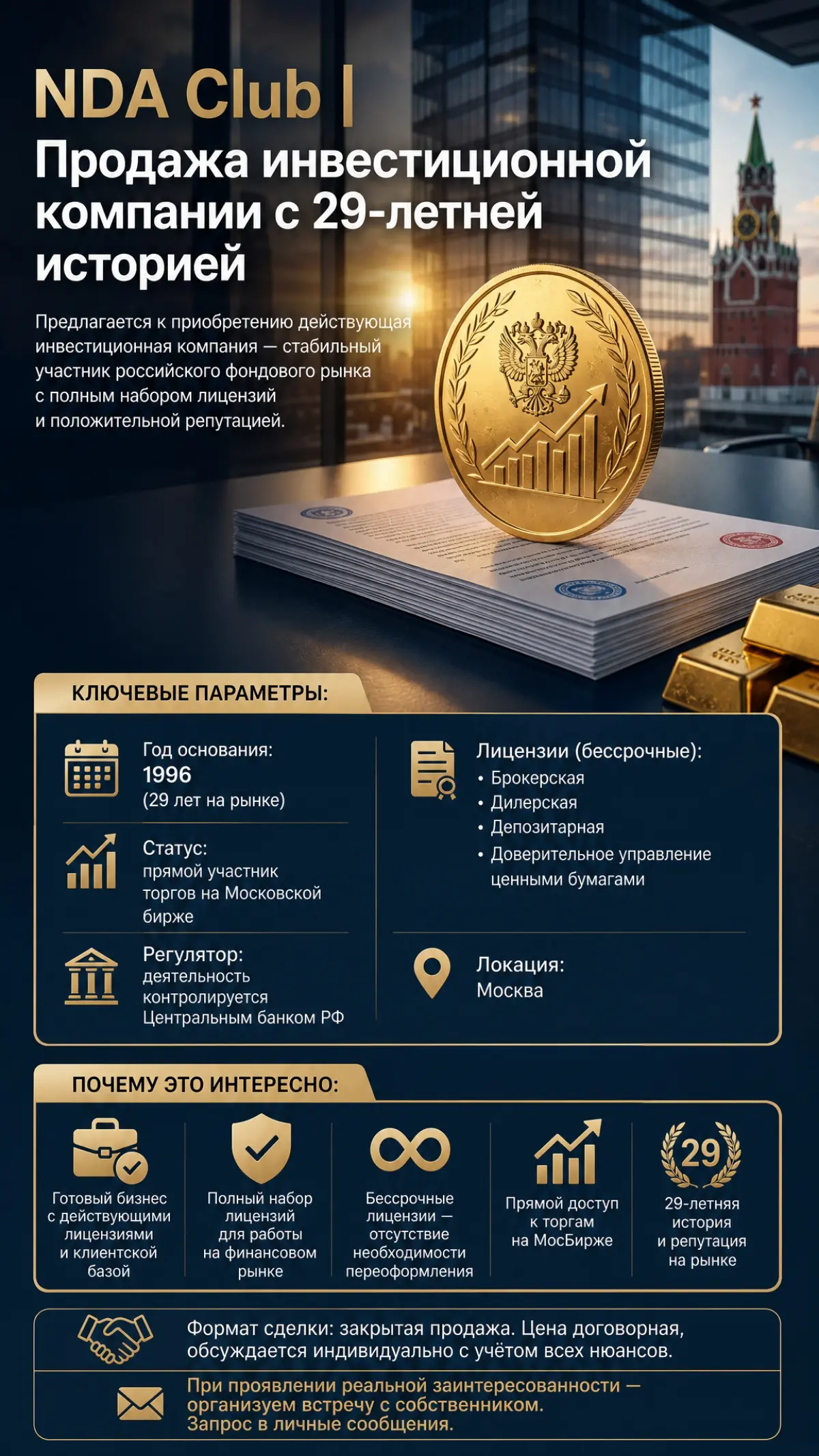 NDA Club | Продажа инвестиционной компании с 29-летней историей
Предлагается к приобретению действующая инвестиционная компания — стабильный участник российского фондового рынка с полным набором лицен... | Сетка — социальная сеть от hh.ru