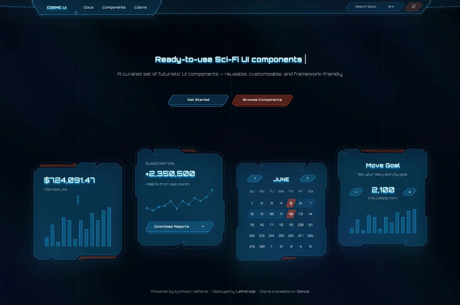 cosmic-ui
Это коллекция компонентов и элементов дизайна в стиле научной фантастики для современных веб-приложений.
Ключевые функции включают архитектуру, основанную на SVG, интеграцию с zag | Сетка — социальная сеть от hh.ru