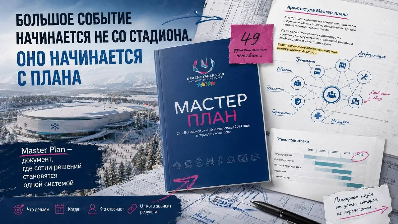 Большое событие начинается не со стадиона. Оно начинается с плана.
Когда зритель приходит на крупное спортивное событие, он видит арену, спортсменов, волонтёров, транспорт, трансляцию, церемонии | Сетка — социальная сеть от hh.ru