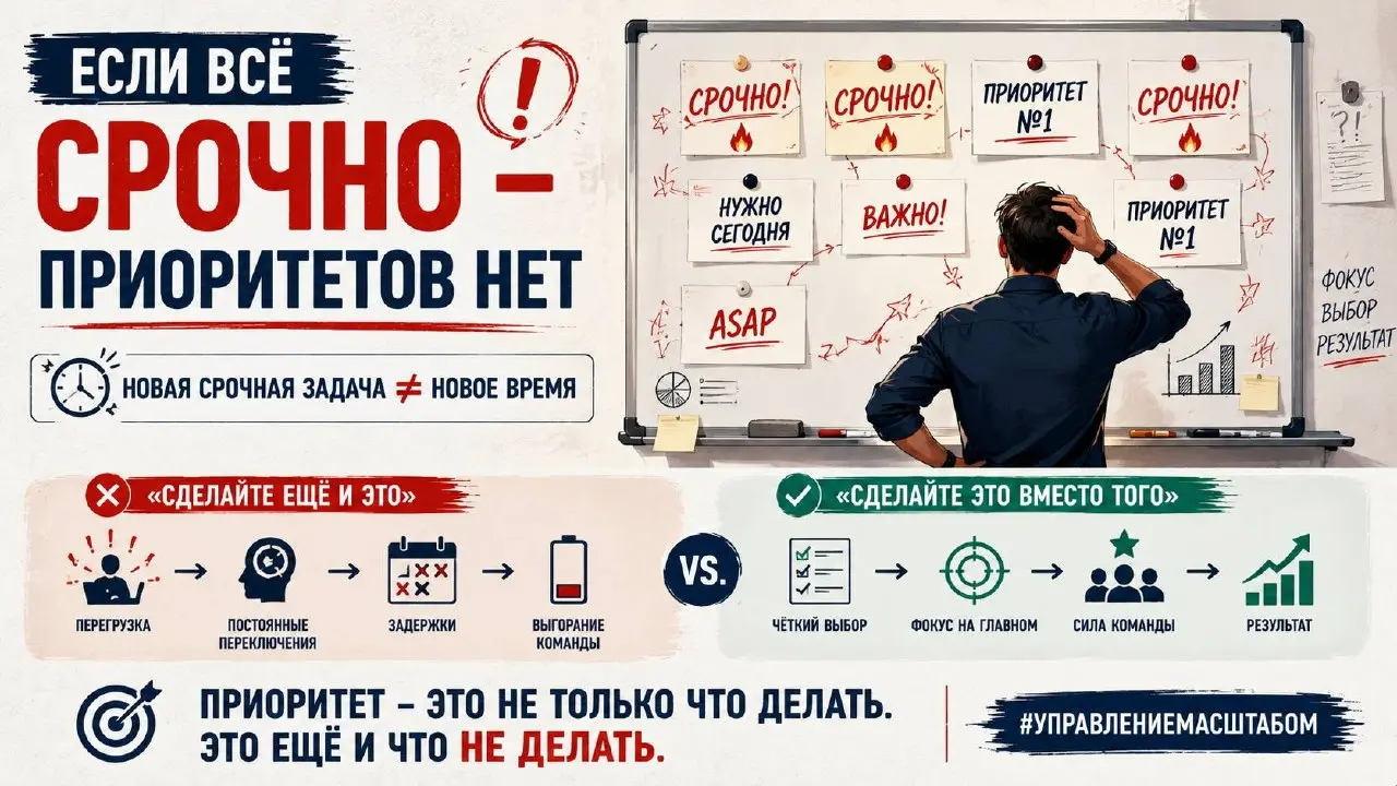 Если всё срочно — значит, приоритетов нет
Есть слово, которое способно довольно быстро разрушить нормальное планирование.
«Срочно».
«Это нужно сегодня».
«Это тоже приоритет».
«Руководство ждёт» | Сетка — социальная сеть от hh.ru