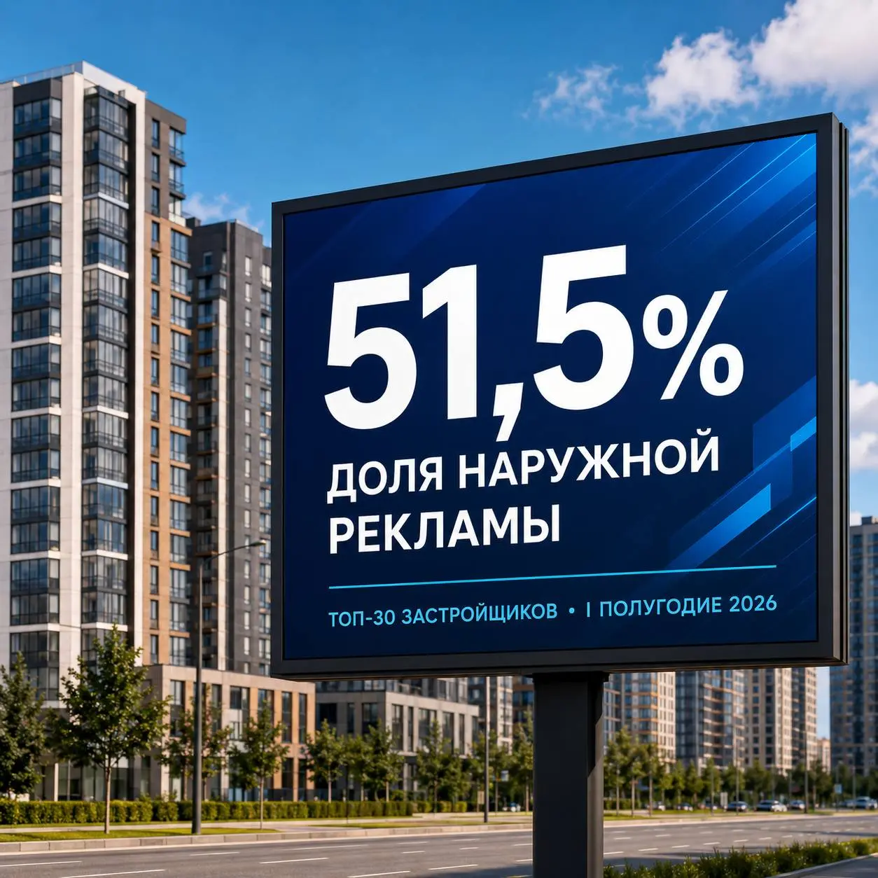 Наружная реклама заняла больше половины медиабюджетов крупнейших застройщиков
СберМаркетинг изучил расходы на продвижение 30 крупнейших российских девелоперов в первом полугодии 2026 года | Сетка — социальная сеть от hh.ru
