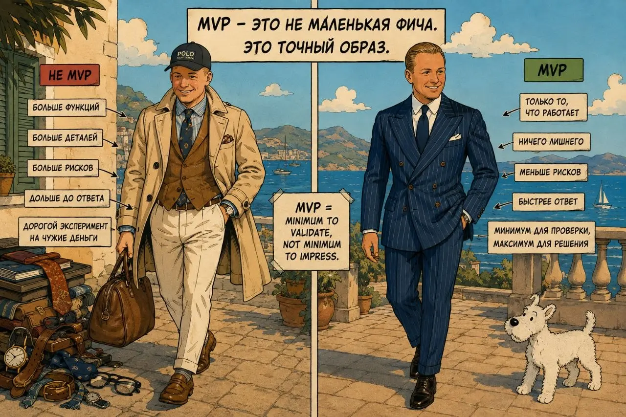 MVP - это не маленькая фича.
Как мне показалось огонечков было больше за MVP/МЖП, поэтому давайте пока пообсуждаем эту историю.
Есть простой способ превратить MVP в дорогую разработку | Сетка — социальная сеть от hh.ru