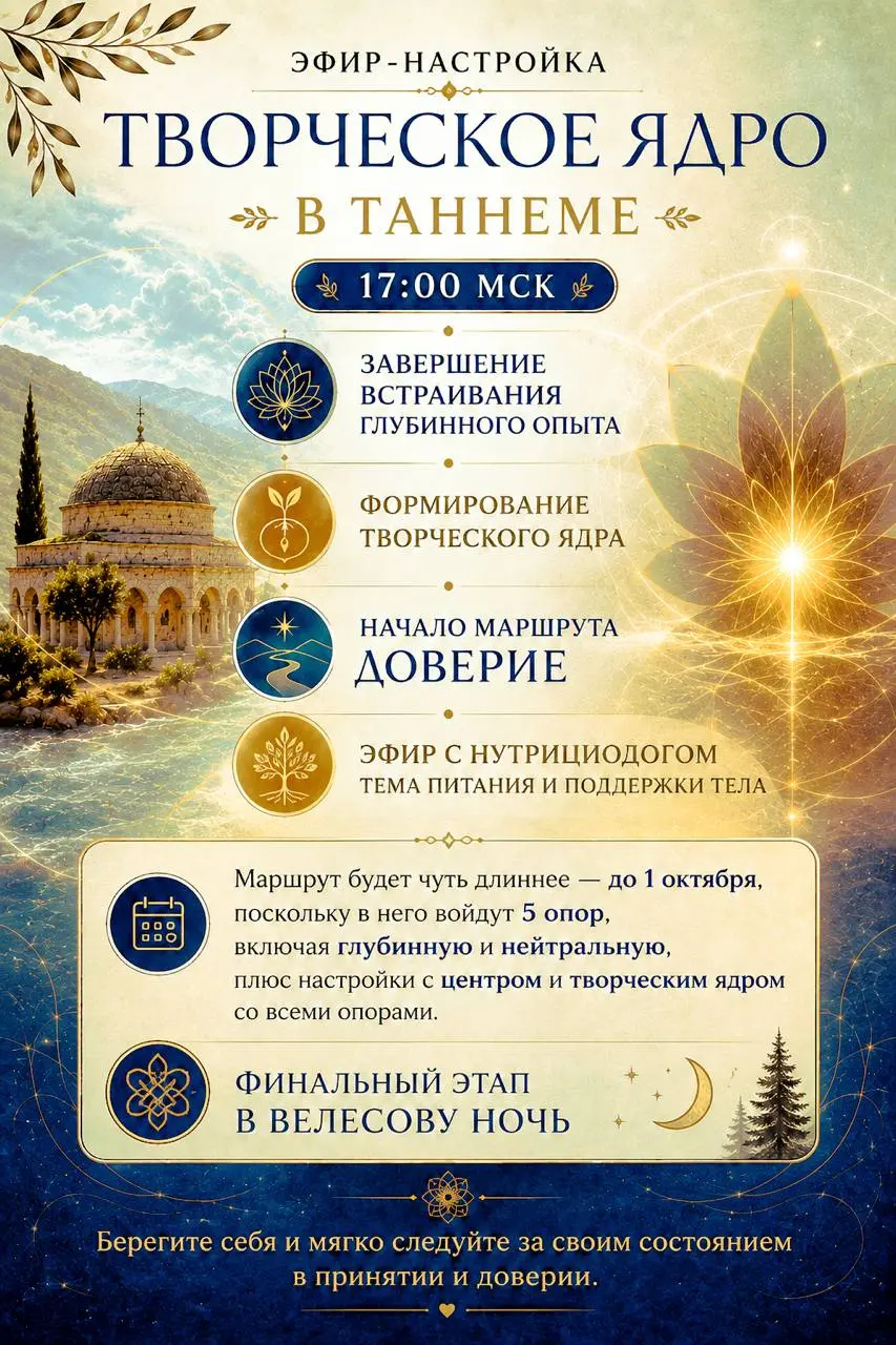 27 августа встречаемся в Таннеме на эфире-настройке «Творческое ядро».
Будем завершать встраивание глубинного опыта, формировать творческое ядро и открывать маршрут Доверия | Сетка — социальная сеть от hh.ru