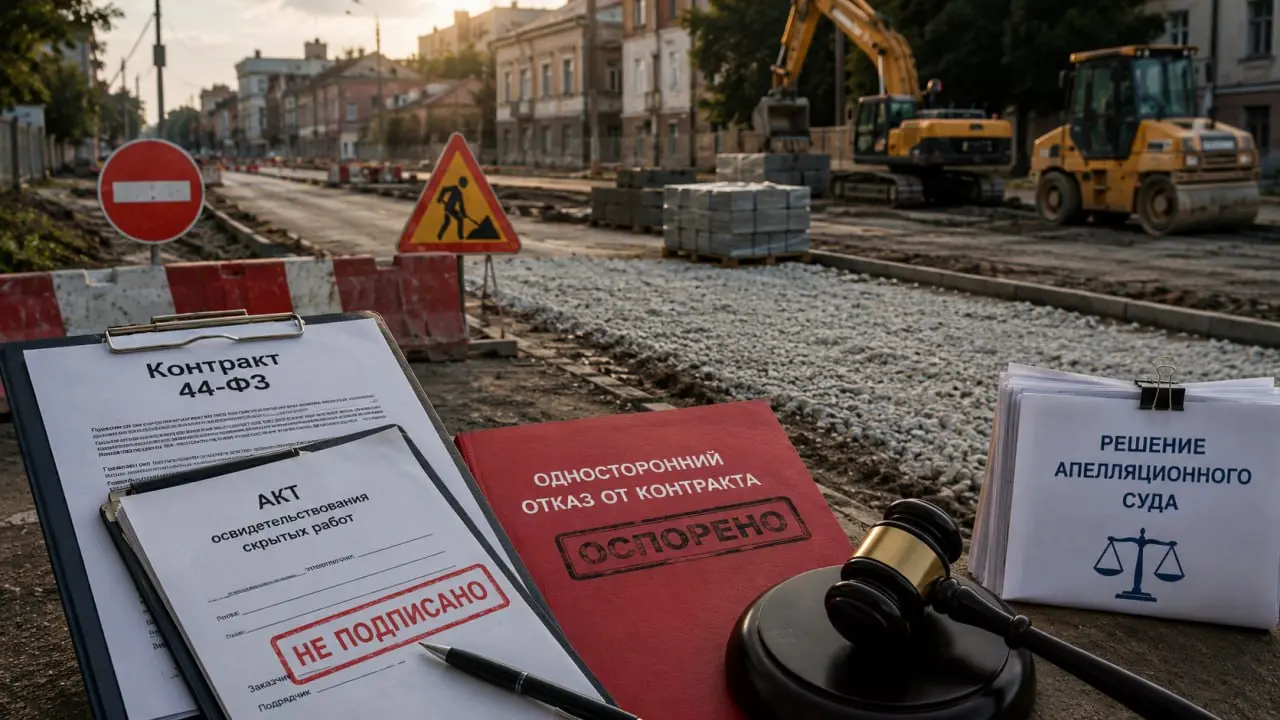 Заказчик не принял скрытые работы — и расторг контракт за просрочку. Апелляция: нет
В Верхней Пышме подрядчик ремонтировал дорогу по контракту на 5,85 млн руб. Срок — до 11.11.2024 | Сетка — социальная сеть от hh.ru