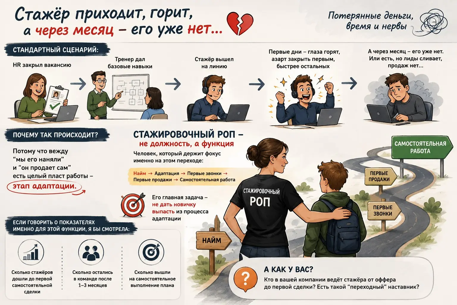 Почти все компании, где есть отделы продаж, сталкиваются с одной и той же болью: стажёр приходит, горит, а через месяц он уходит сам, либо с ним прощаются | Сетка — социальная сеть от hh.ru