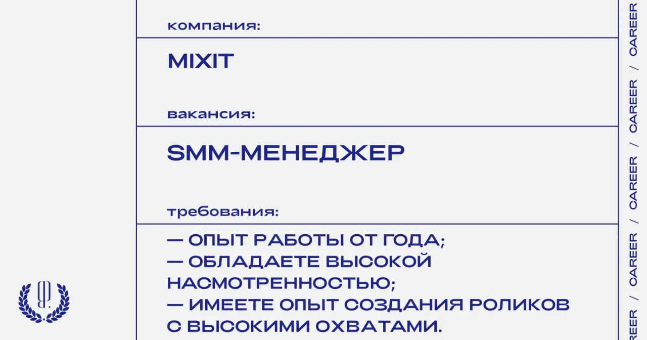 MIXIT ищет SMM-менеджера.
https://theblueprint | Сетка — социальная сеть от hh.ru