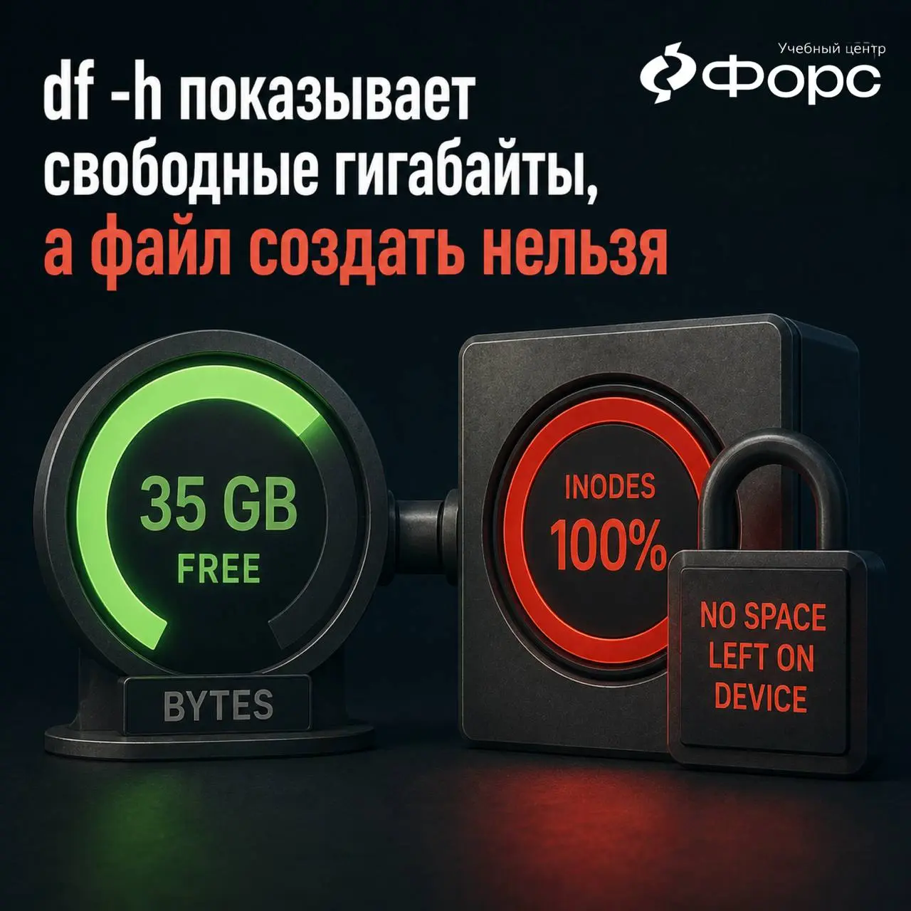 🛠️ df -h показывает свободные гигабайты, а файл создать нельзя
Ошибка:
No space left on device
Проверяем:
df -h
Свободное место есть | Сетка — социальная сеть от hh.ru