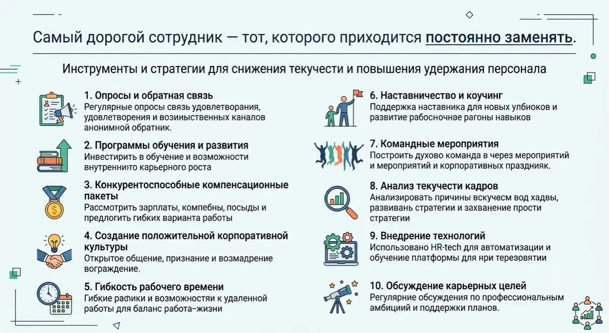 Самый дорогой сотрудник — тот, которого приходится постоянно заменять.
Для снижения текучести кадров и повышения удержания сотрудников можно использовать различные инструменты и стратегии | Сетка — социальная сеть от hh.ru