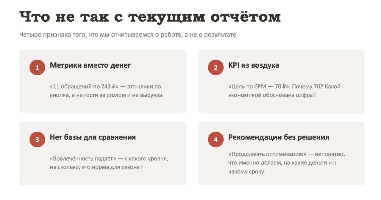 Мы клиентам отправляем полноценные отчеты по понедельникам, типа что происходило с рекламой за прошлую неделю | Сетка — социальная сеть от hh.ru