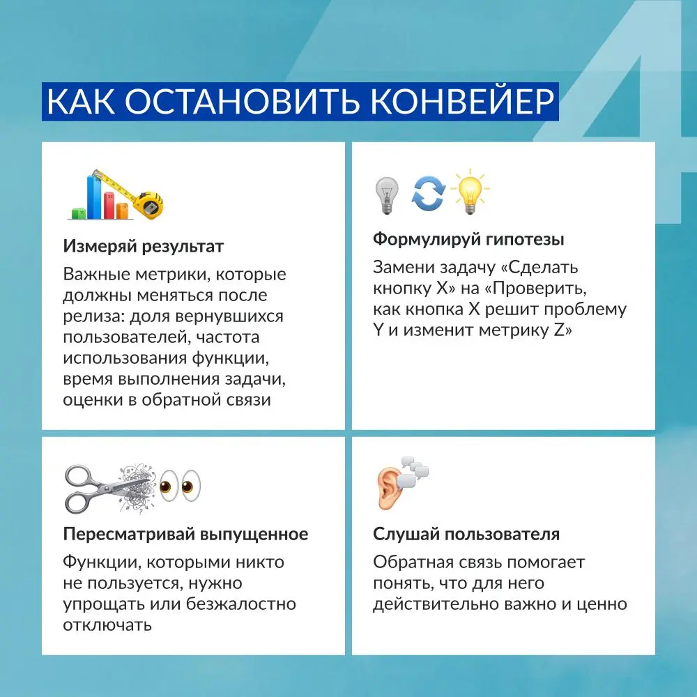 Команда выпускает обновления каждую неделю, а продукт лучше не становится 🤔
«Фабрика функций» (Feature factory) — явление, которое впервые описал в своей статье продуктовый эксперт Джон Катлер | Сетка — социальная сеть от hh.ru