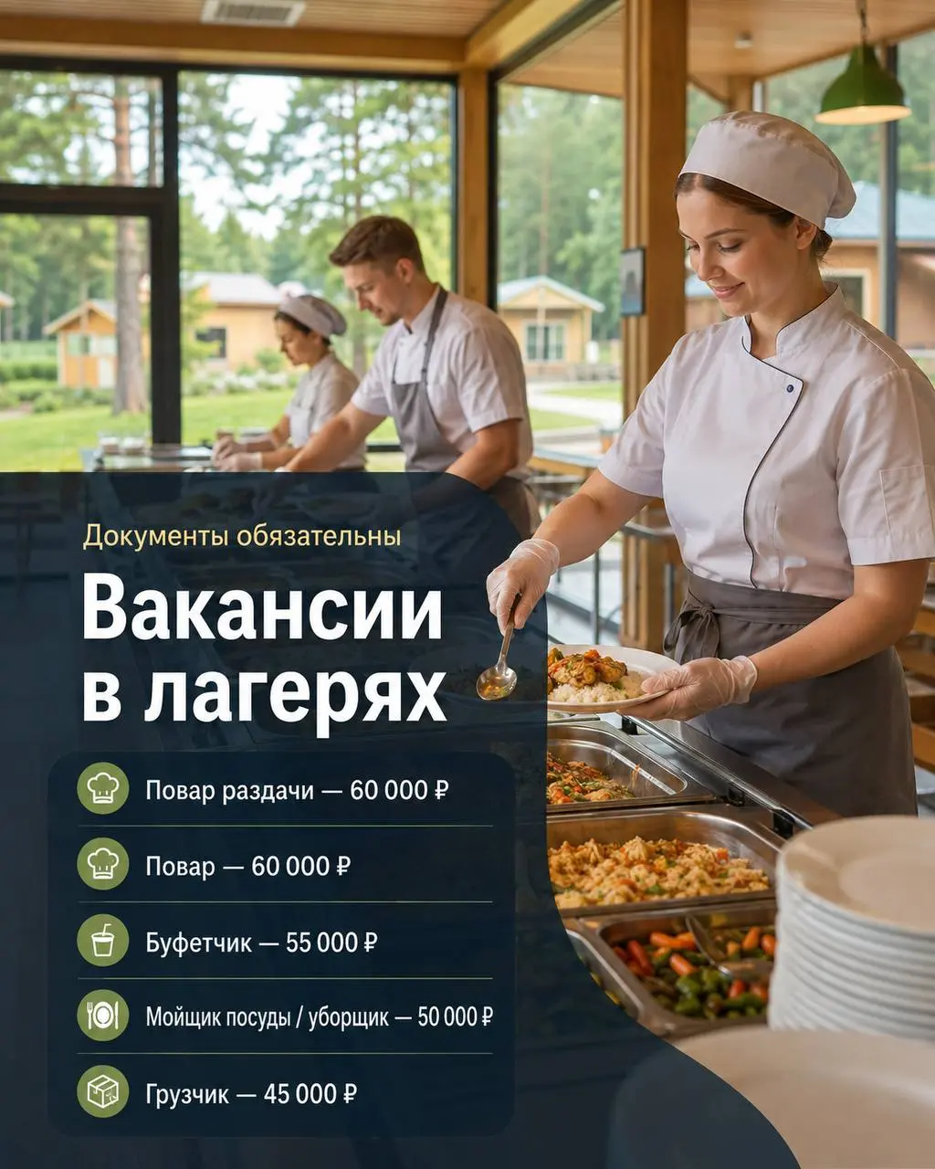 1️⃣ПОВАР РАЗДАЧИ,
2️⃣ПОВАР,
3️⃣БУФЕТЧИК,
4️⃣МОЙЩИК ПОСУДЫ-УБОРЩИК,
5️⃣ГРУЗЧИК
Лагеря Подмосковья
• Подмосковье
• Рестораны/Кафе
• +79265083151
Полное описание вакансии размещено в Телеграм и Макс | Сетка — социальная сеть от hh.ru