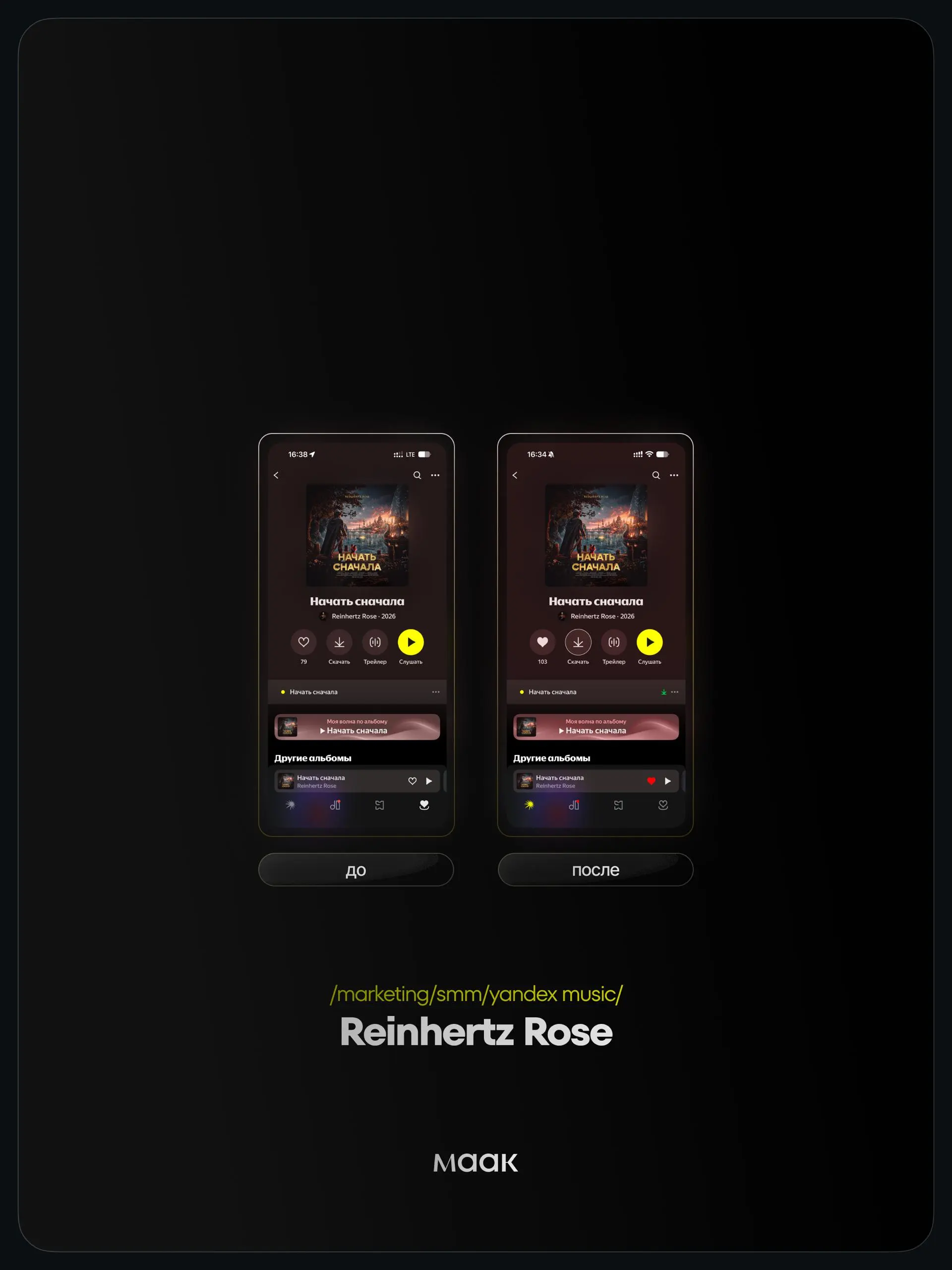 📱 #case — Продвижение в Яндекс Музыке
❤️ Для кого?
Reinhertz Rose
🔼 Что было сделано?
Комплексное продвижение трека с целью увеличения прослушиваний и вовлеченности
⭐️ Продвижение в Яндекс Музыке — эт... | Сетка — социальная сеть от hh.ru