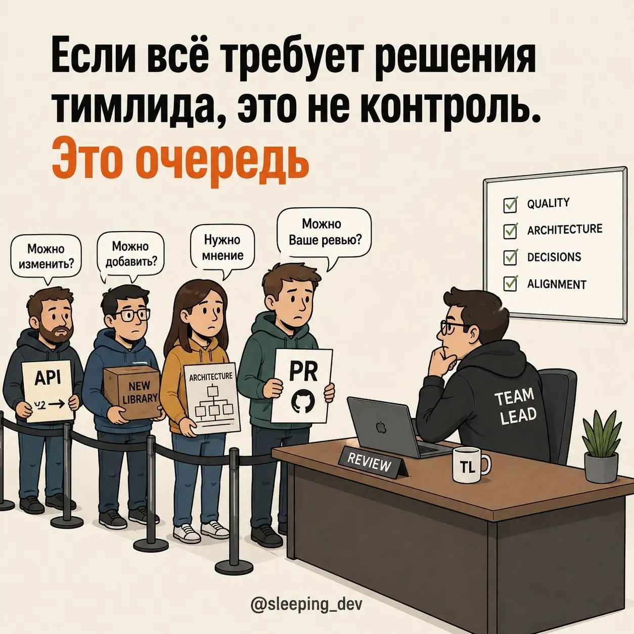 Если всё требует решения тимлида, это не контроль. Это очередь
Есть команды, в которых тимлид нужен буквально для всего.
PR ждёт его ревью.
Архитектурное решение — его мнения | Сетка — социальная сеть от hh.ru