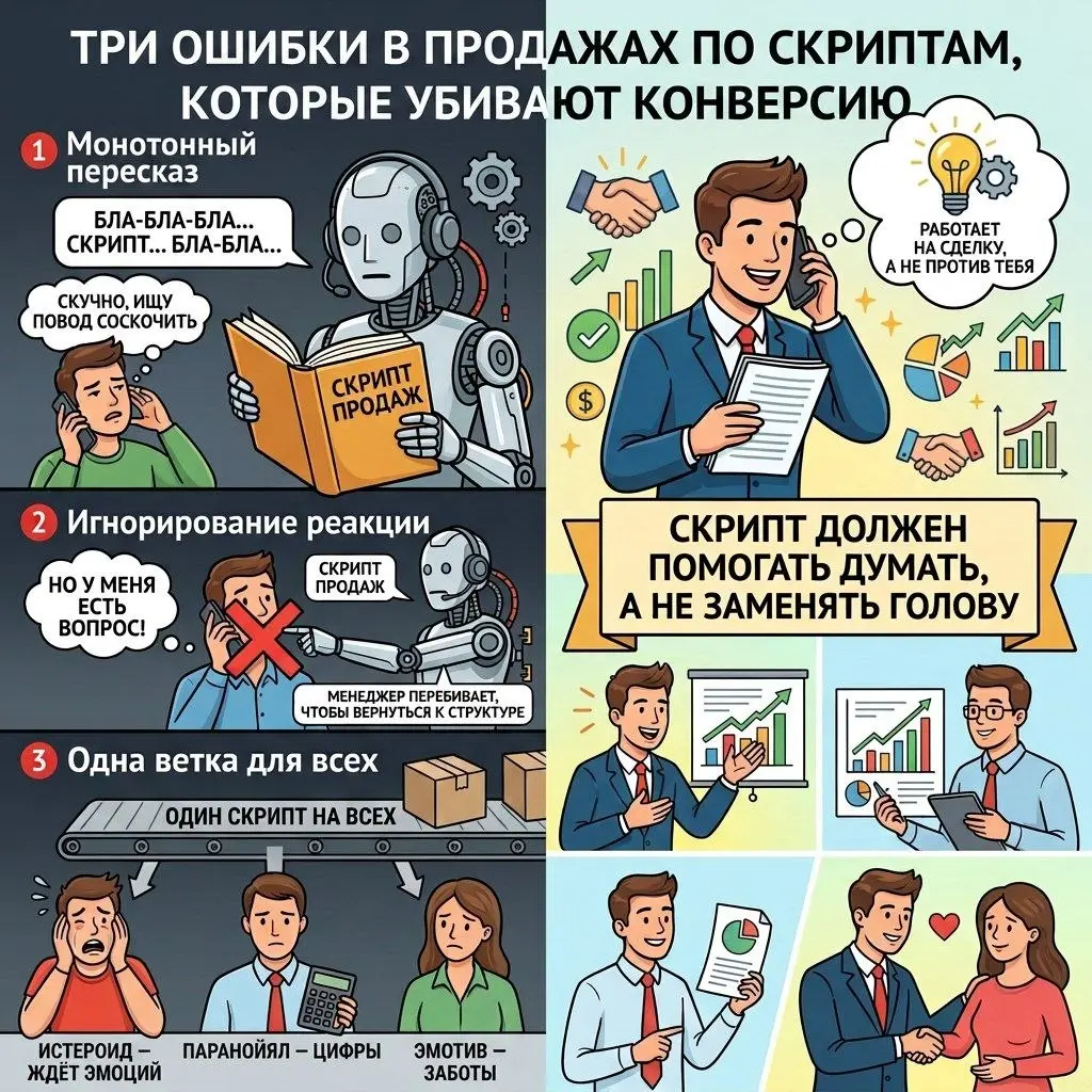 Скрипты продаж.
Три ошибки, которые убивают конверсия продаж:
1. Монотонный пересказ. Продавец не продаёт, а озвучивает текст по скрипту. Клиенту скучно, он ищет повод соскочить.
2 | Сетка — социальная сеть от hh.ru