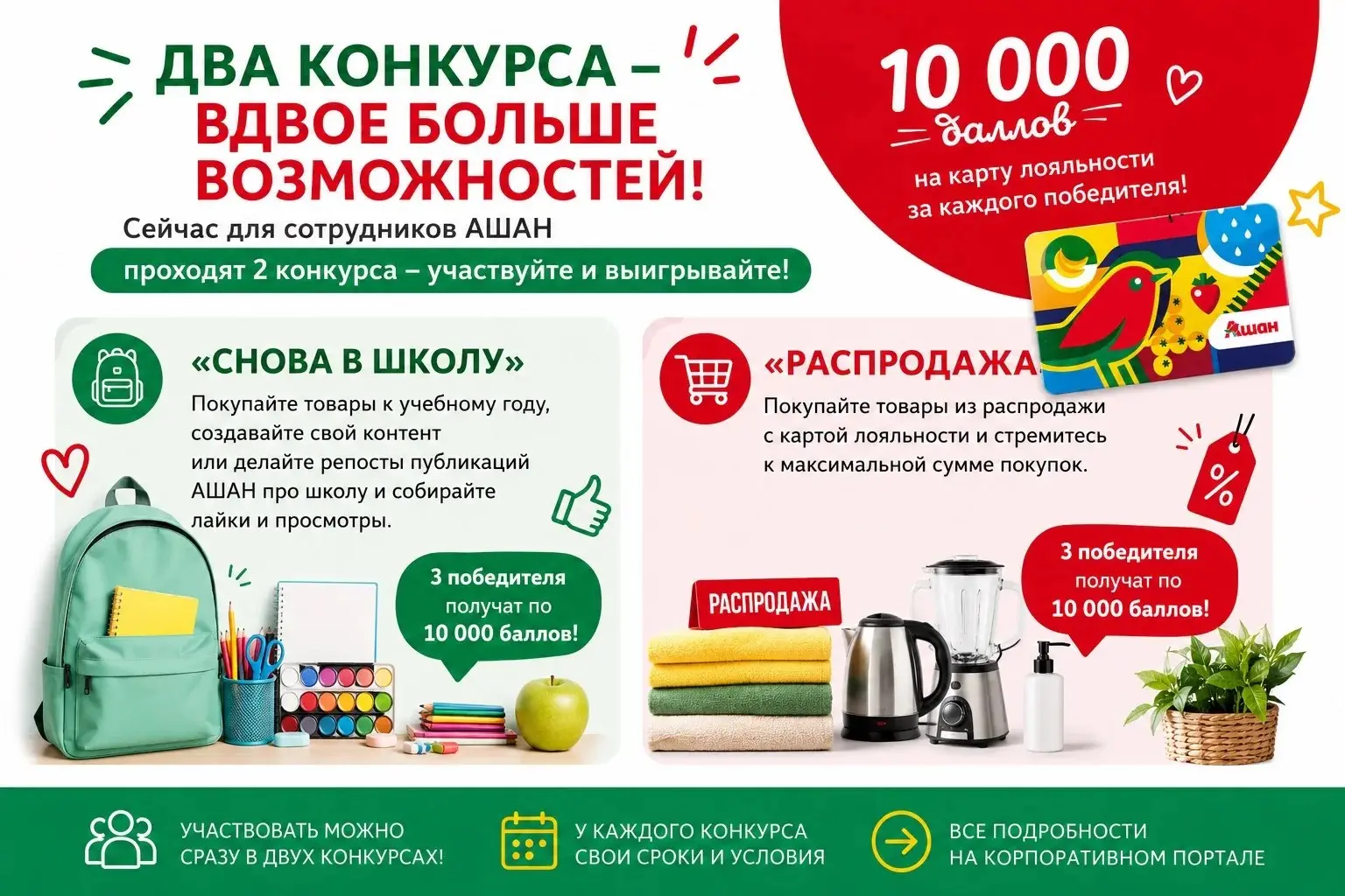 🔥 Два конкурса — вдвое больше возможностей выиграть!
Август в АШАН становится ещё выгоднее ❤️
Сейчас для сотрудников проходят сразу 2 конкурса, и в каждом — по 3 победителя, которые получат по 10 000 ... | Сетка — социальная сеть от hh.ru