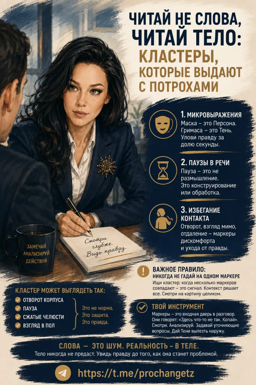 Читай не слова, читай тело: кластеры, которые выдают с потрохами
Мы живем в мире масок. Персона — это то, что человек транслирует. Но есть Тень. Она не умеет врать | Сетка — социальная сеть от hh.ru