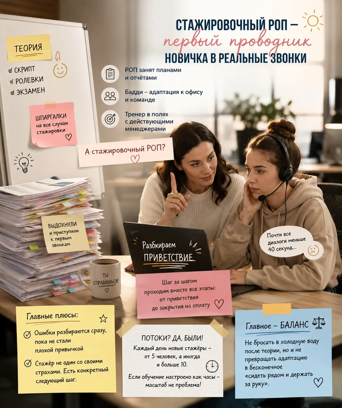 Обычно РОП занят планами и отчетами. У него просто нет времени слушать звонки  каждого новичка.
Бадди чаще отвечает за адаптацию к коллективу, офису и внутренним чатам | Сетка — социальная сеть от hh.ru