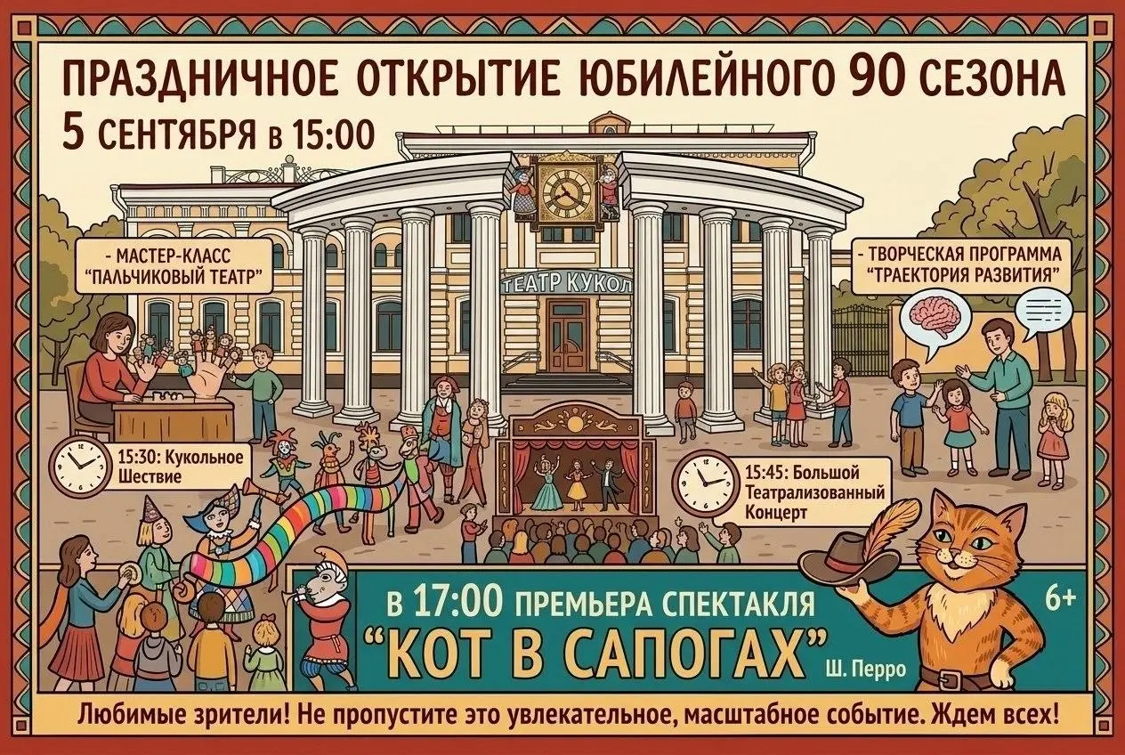 🥳 Краевой театр кукол откроет юбилейный 90-й сезон
5 сентября гостей ждёт праздничная программа.
С 15:00 до 17:00 будут работать мастер-класс «Пальчиковый театр», творческая программа и фотозоны | Сетка — социальная сеть от hh.ru