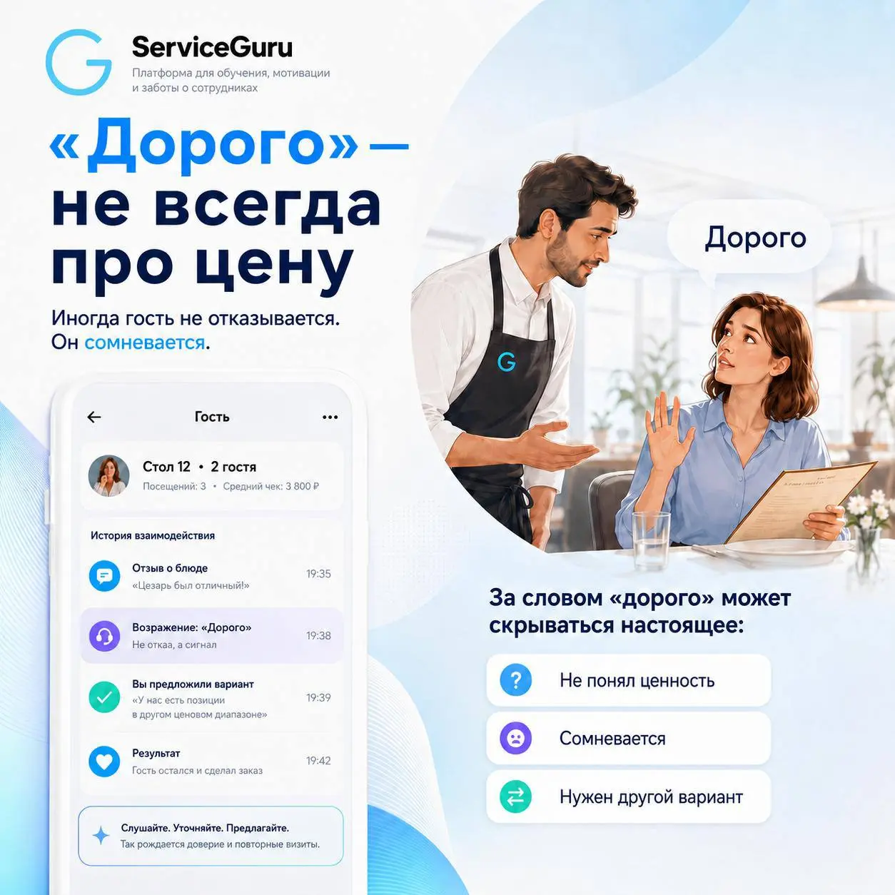 🔖 Гость говорит «дорого». Но это ещё не значит, что ему действительно дорого.
Иногда за этим «дорого» стоит совсем другое.. | Сетка — социальная сеть от hh.ru