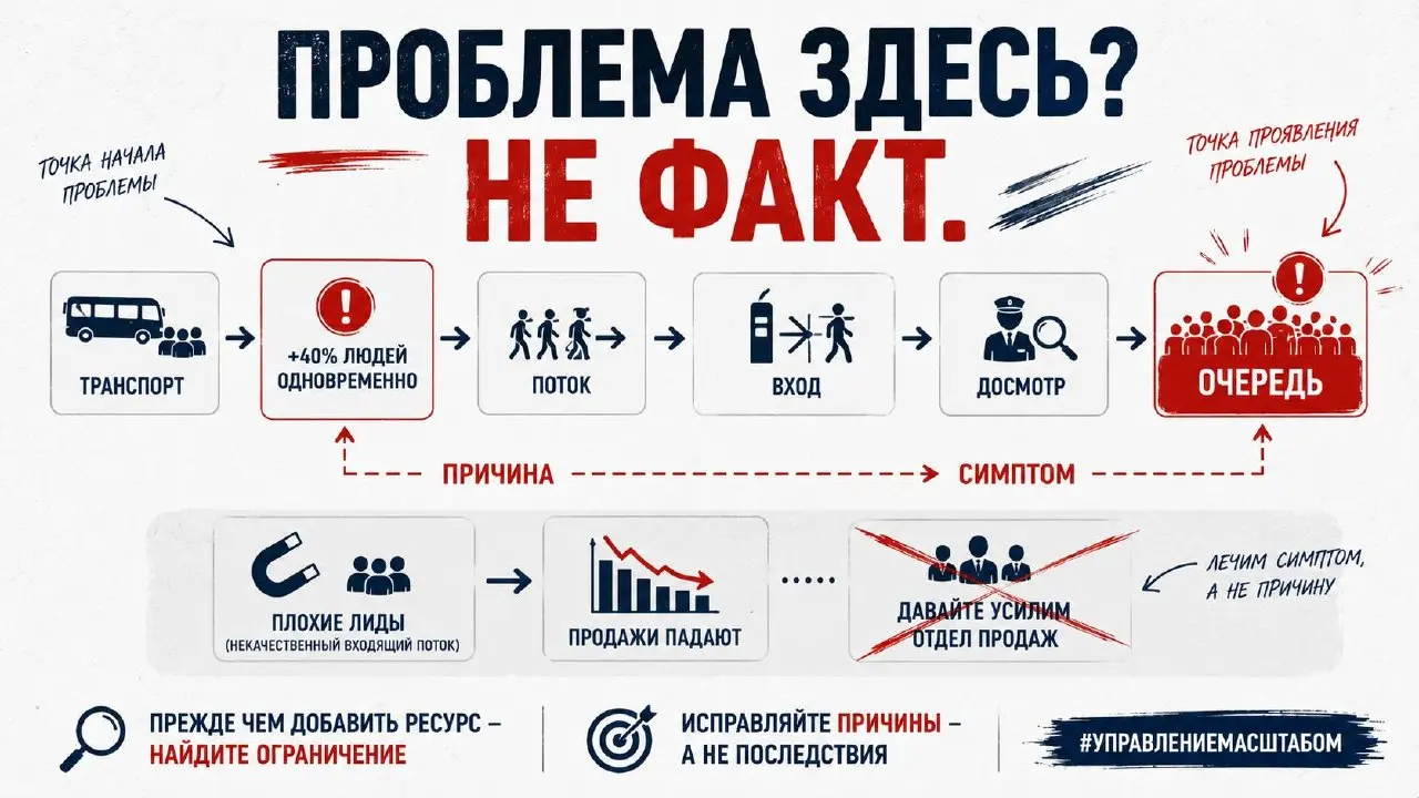 Проблема редко начинается там, где мы её обнаружили
Представьте большой объект.
На входе внезапно образовалась очередь.
Первая реакция вполне логична:
добавить людей на вход.
Больше сотрудников | Сетка — социальная сеть от hh.ru