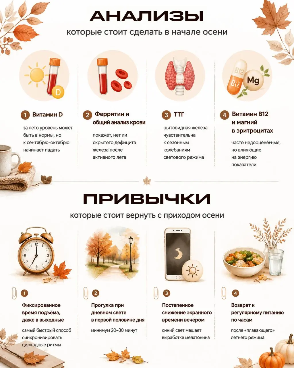 Осенний чек-лист здоровья
Анализы, которые стоит сделать в начале осени:
• Витамин D: за лето уровень может быть в нормы, но к сентябрю-октябрю начинает падать
• Ферритин и общий анализ крови: покажет... | Сетка — социальная сеть от hh.ru
