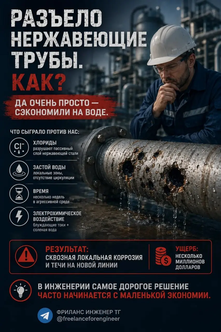 Разъело нержавеющие трубы. Как? Да очень просто — сэкономили на воде.
История из серии: оборудование дорогое, нержавейка качественная, монтаж выполнен — а через месяц трубы начинают течь | Сетка — социальная сеть от hh.ru