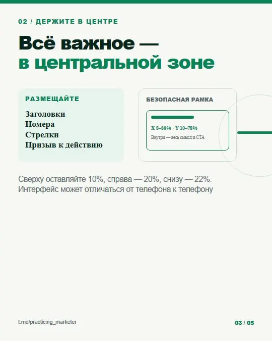 Текст в Reels может оказаться под интерфейсом Instagram — даже если при монтаже всё выглядит идеально
Сохраните себе безопасные отступы:
• смысловые элементы и CTA: X 8–80% по ширине и Y 10–78% по выс... | Сетка — социальная сеть от hh.ru